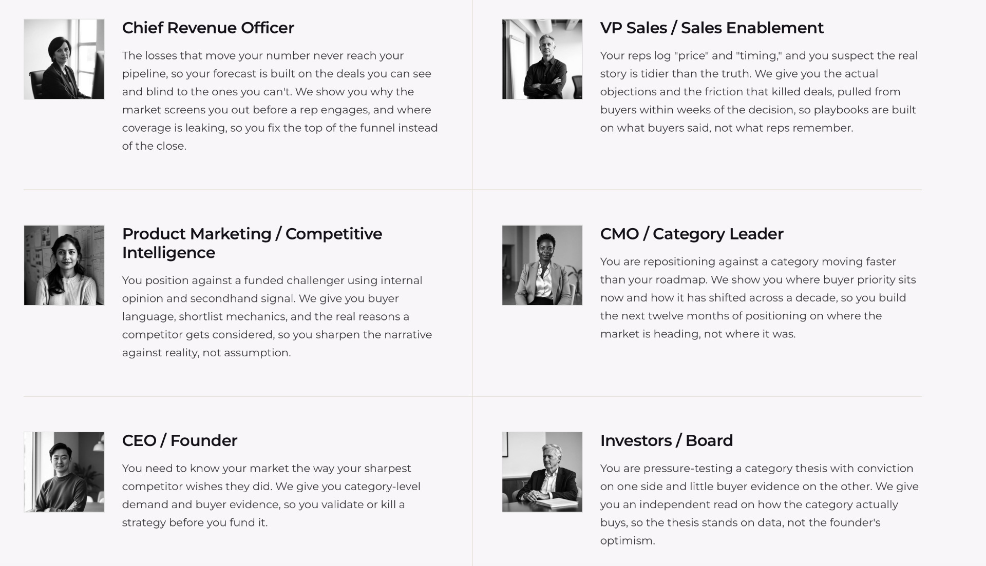 Six roles who use StackSignal reports: CRO, VP Sales, Product Marketing, CMO, CEO, and Investors